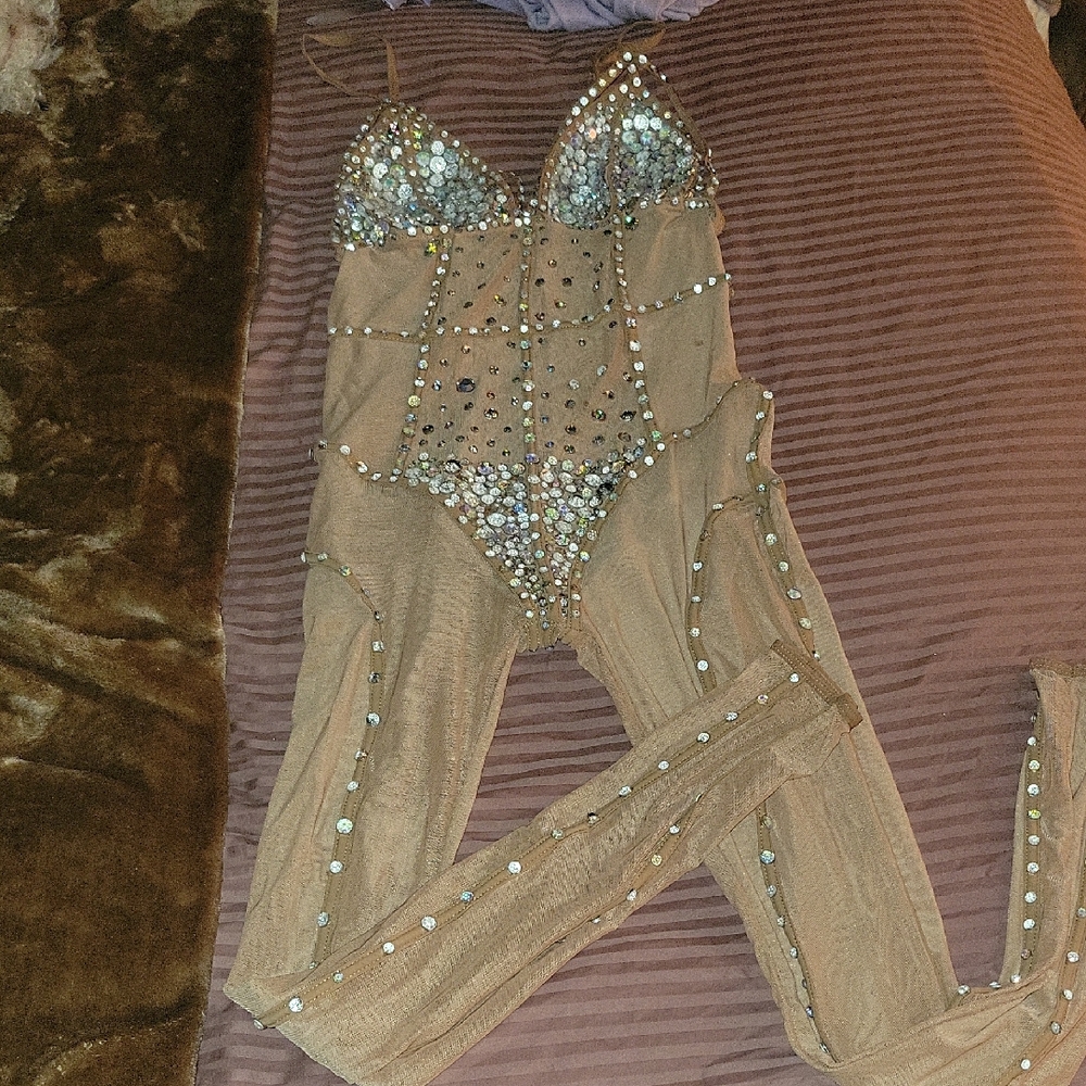 Custom Made Sheer Nude Sparkling Tan Bodysuit with Rhinestones Small